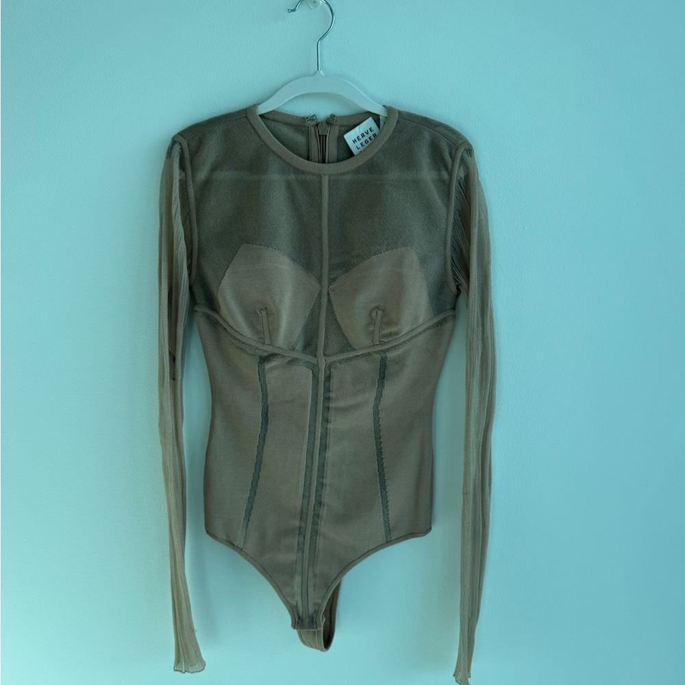 Herve Leger Beige Mesh Zip-Back Bodysuit